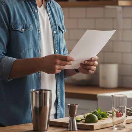 Man reading mocktail recipe in kitchen