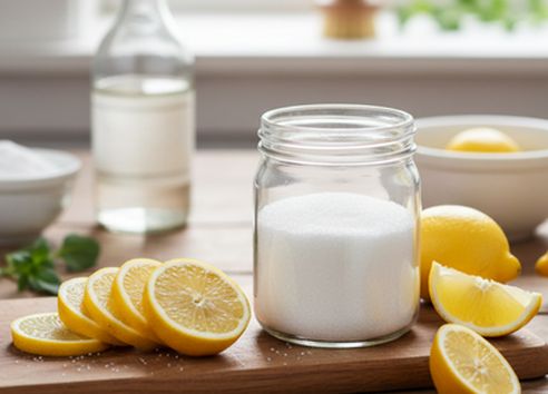 Sliced lemons and bicarbonate of soda being made into natural cleaning product