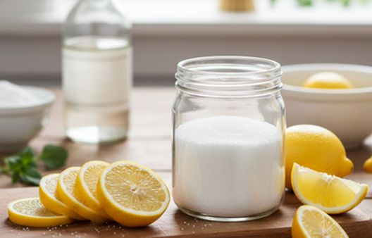 Sliced lemons and bicarbonate of soda being made into natural cleaning product